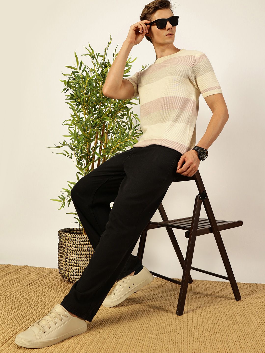 Thomas Scott Men Knit Striped Round Neck T-shirt
