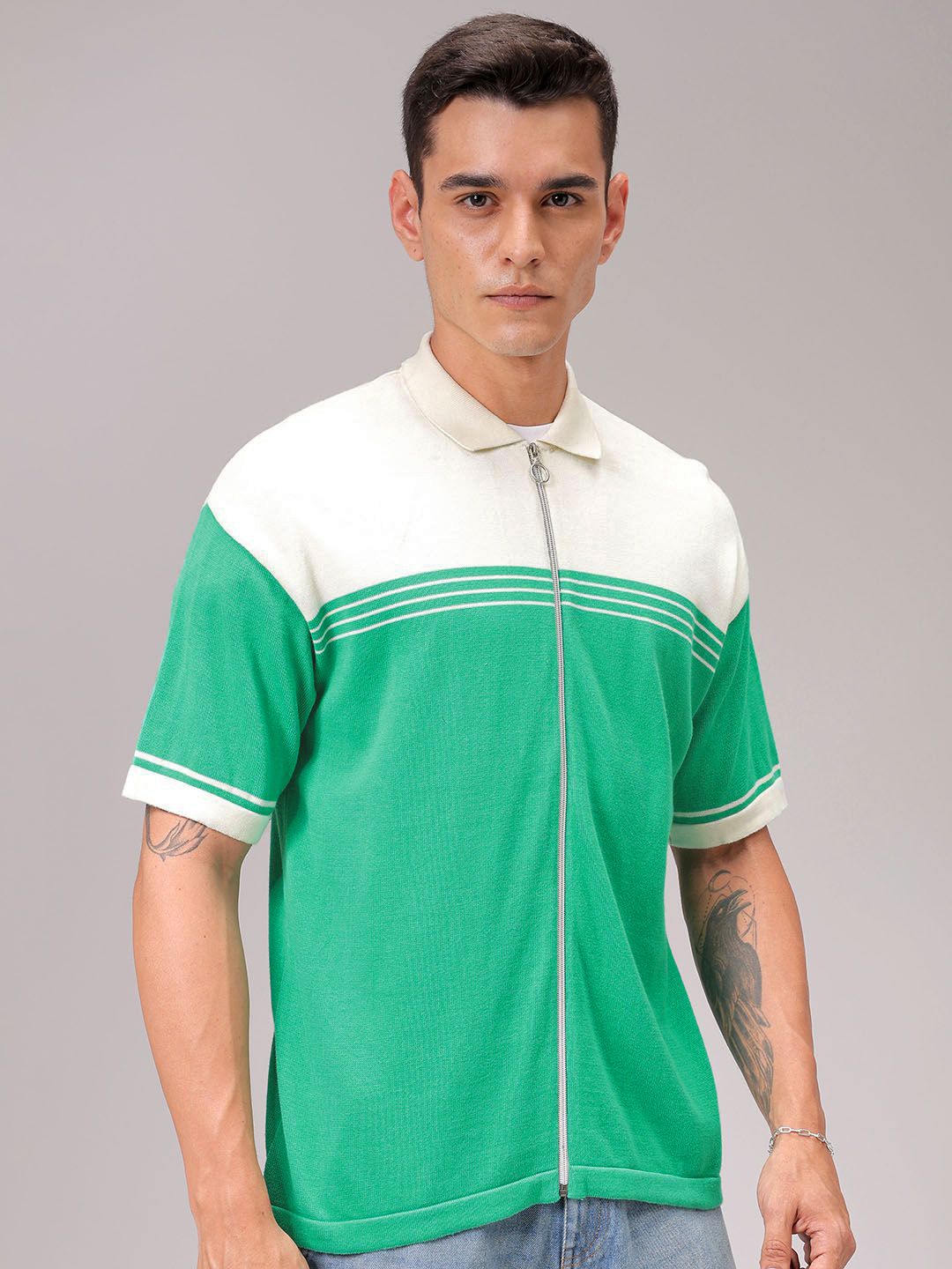 The Indian Garage Co Men Relaxed Fit Striped Flat Knit Polo Resortwear Shirt