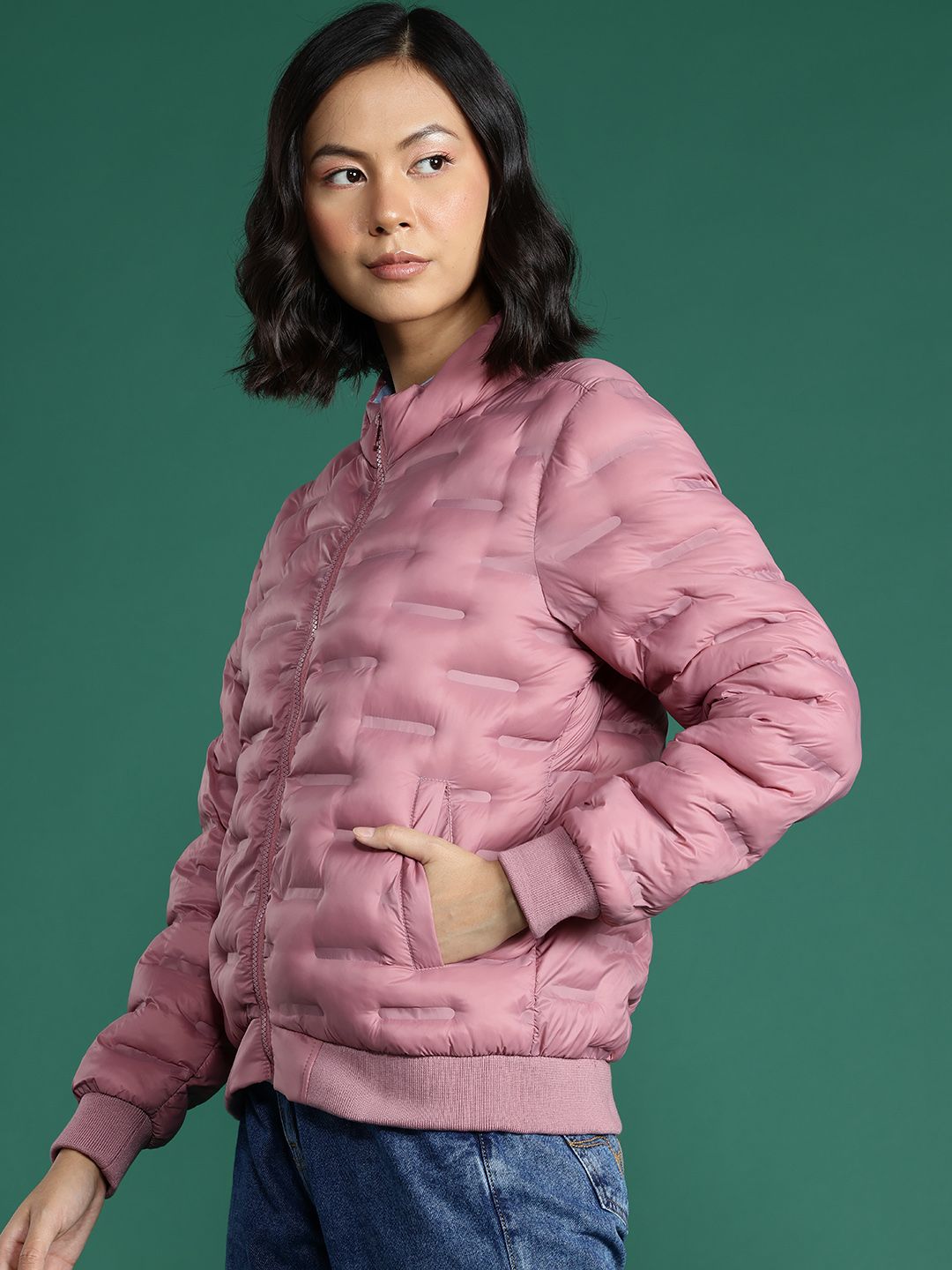 DressBerry Solid Embossed Mock Collar Puffer Jacket