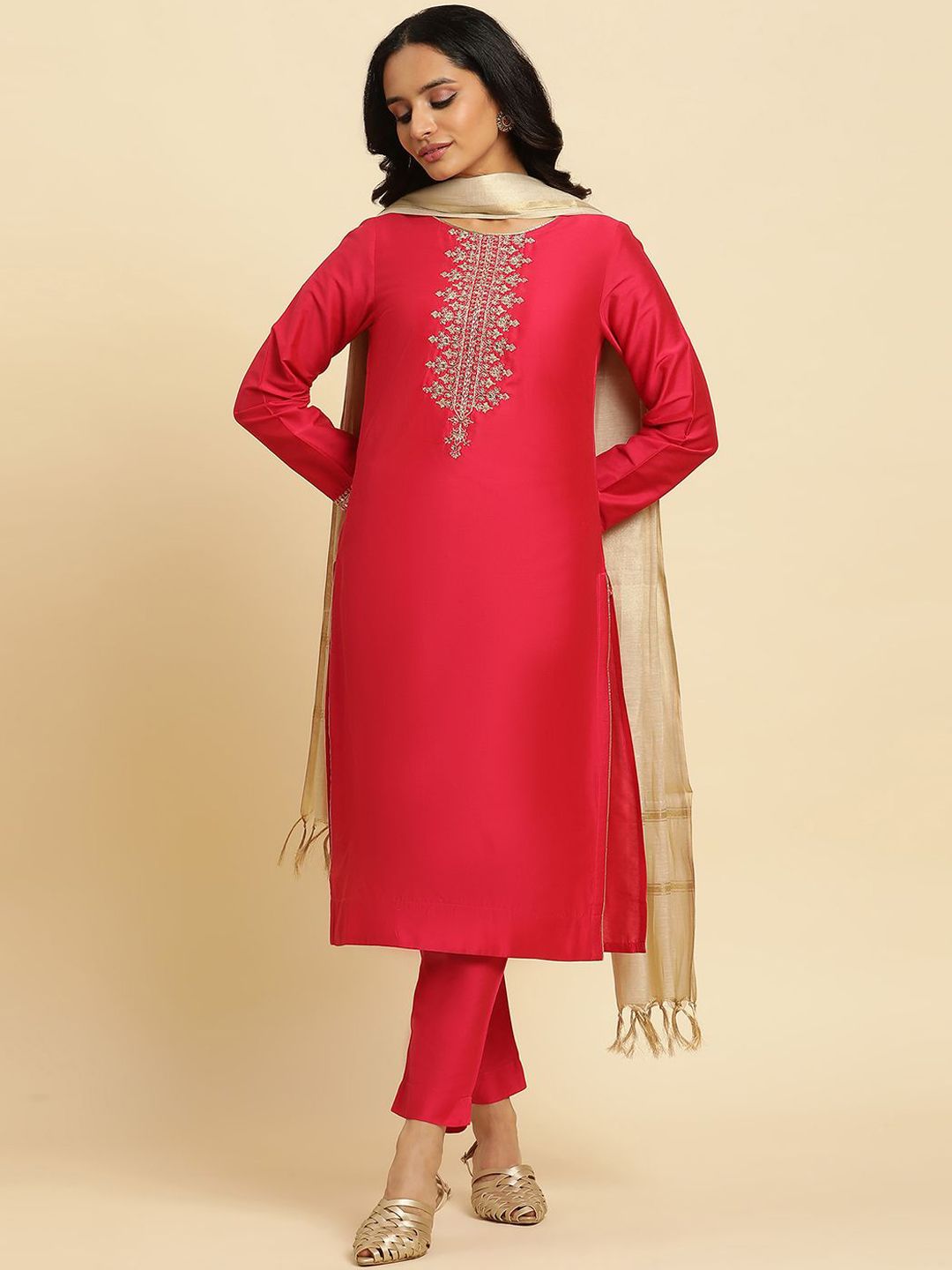 W Floral Embroidered Regular Straight Kurta with Trousers & With Dupatta