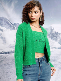Tokyo Talkies Green Self Design Shoulder Straps Acrylic Crop Top With Cardigan
