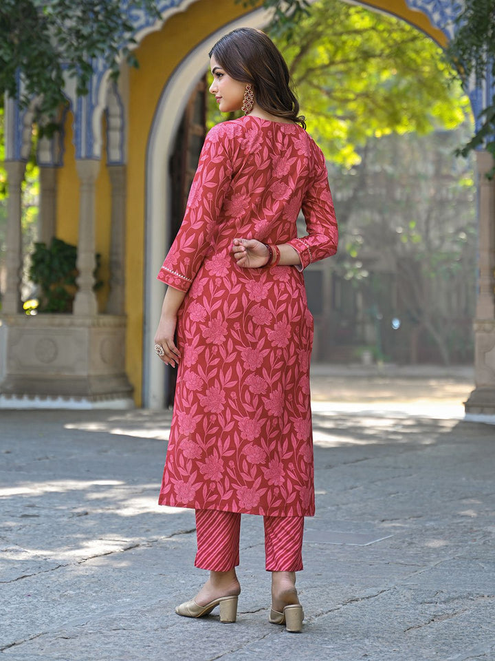 KALINI Floral Printed Notch Neck Gotta Patti Straight Kurta With Trousers & Dupatta
