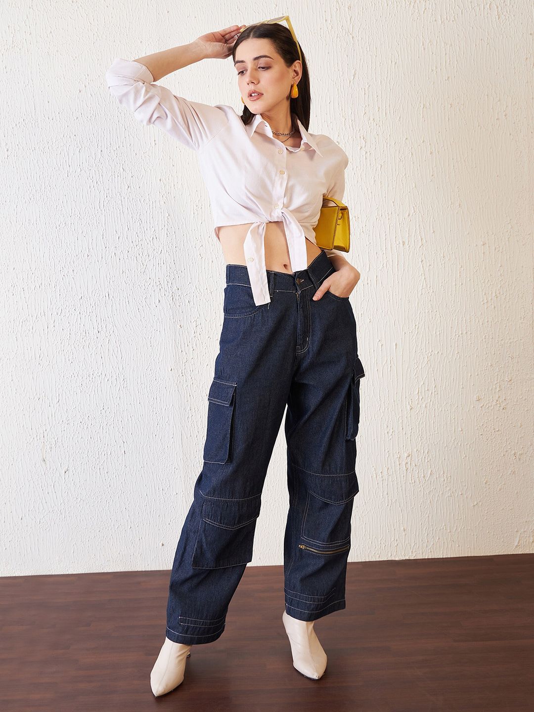 Antheaa Women Blue Comfort Relaxed Fit Stretchable Denim Cargo