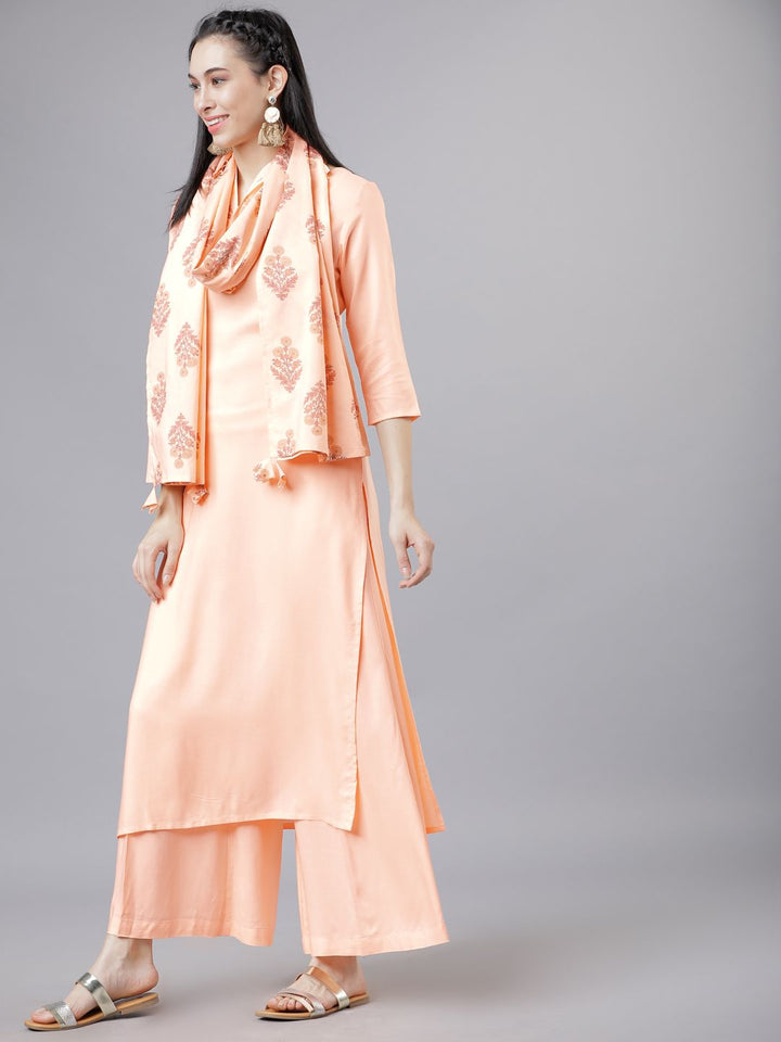 Vishudh Women Peach-Coloured & Gold-Toned Solid Kurta with Palazzos & Dupatta