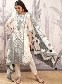 Vishudh Off White Ethnic Motifs Printed Pure Cotton Straight Kurta With Trousers & Dupatta
