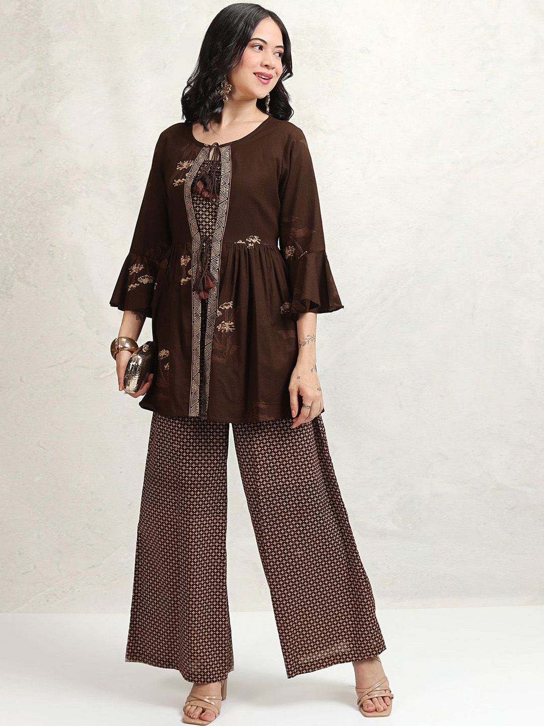 Vishudh Coffee Brown Printed Shoulder Straps Pure Cotton Top With Trouser And Jacket