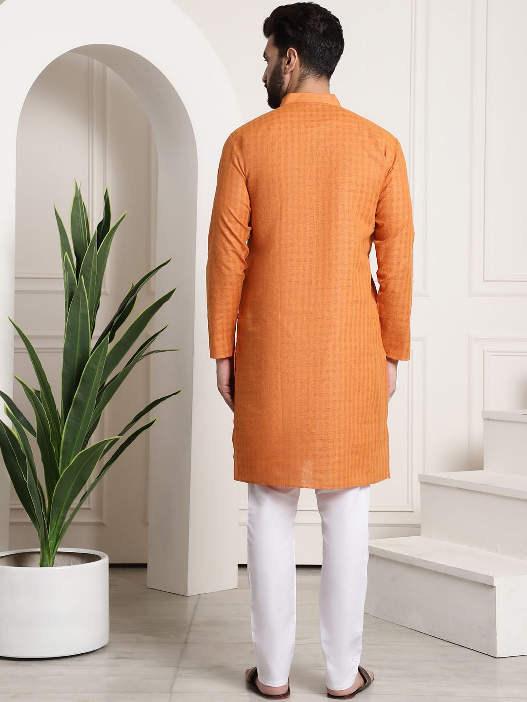 SOJANYA Men Orange & White Woven Design Kurta with Churidar
