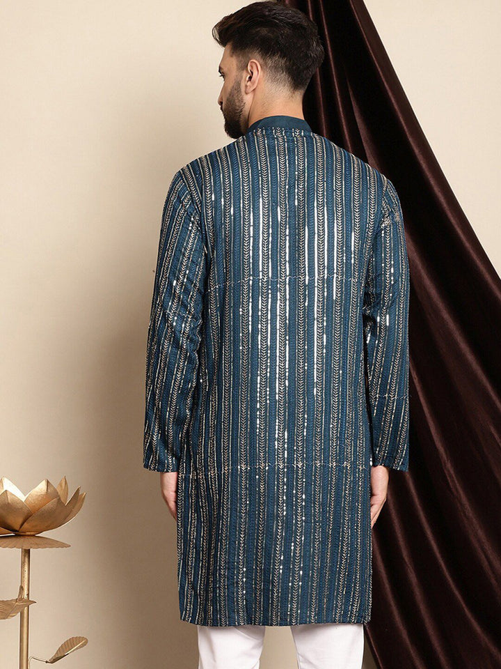 Anouk Teal Blue Ethnic Motif Woven Design Sequined Cotton Straight Kurta