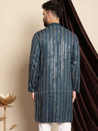 Anouk Teal Blue Ethnic Motif Woven Design Sequined Cotton Straight Kurta