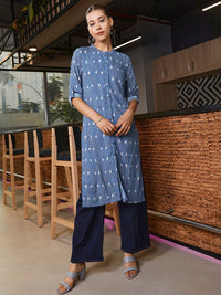 W Women Navy Blue & White Striped Straight Sustainable Kurta