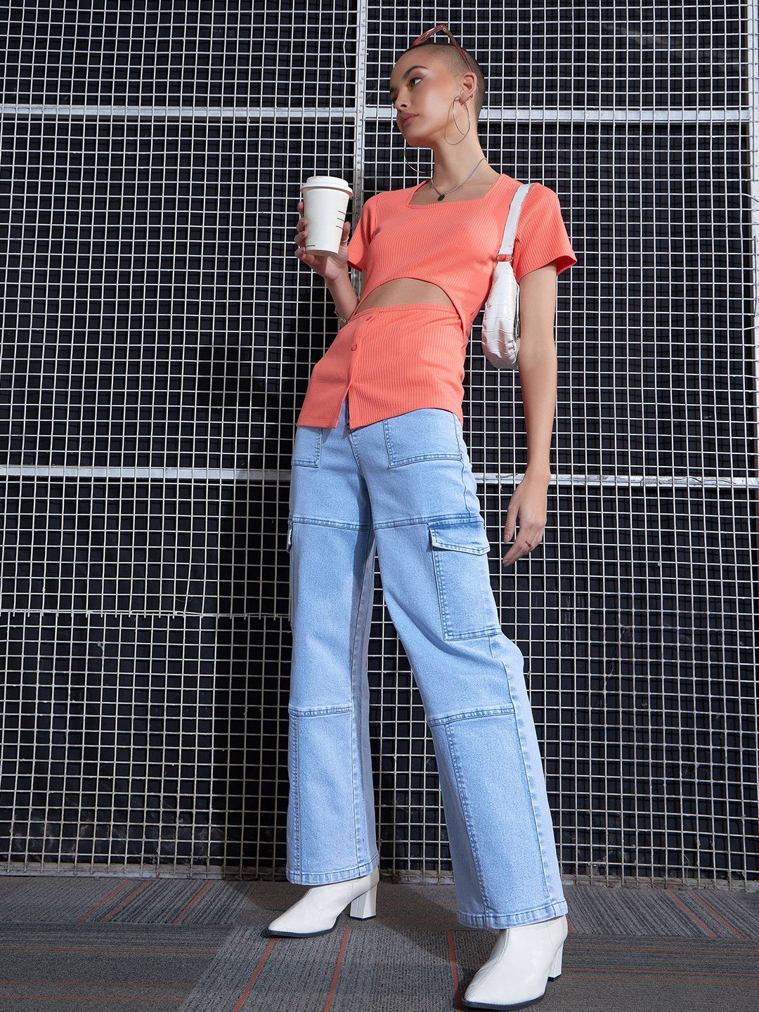SASSAFRAS Peach-Coloured Square Neck Cut-Out Top