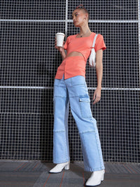 SASSAFRAS Peach-Coloured Square Neck Cut-Out Top