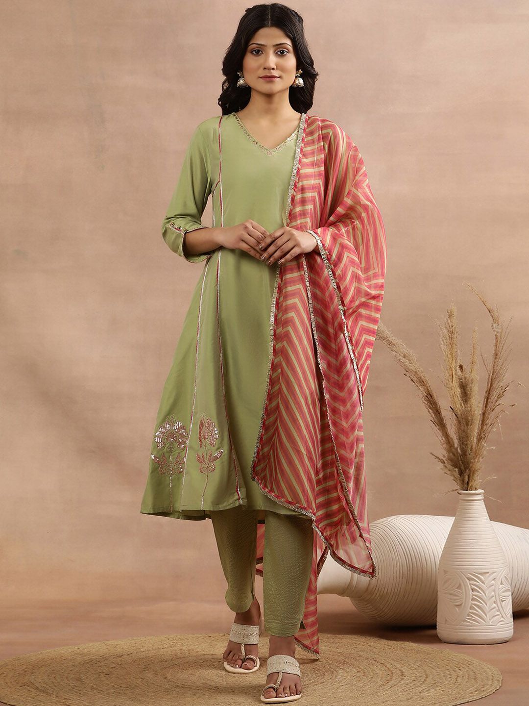 W Women Regular Sequinned Kurta with Trousers & With Dupatta