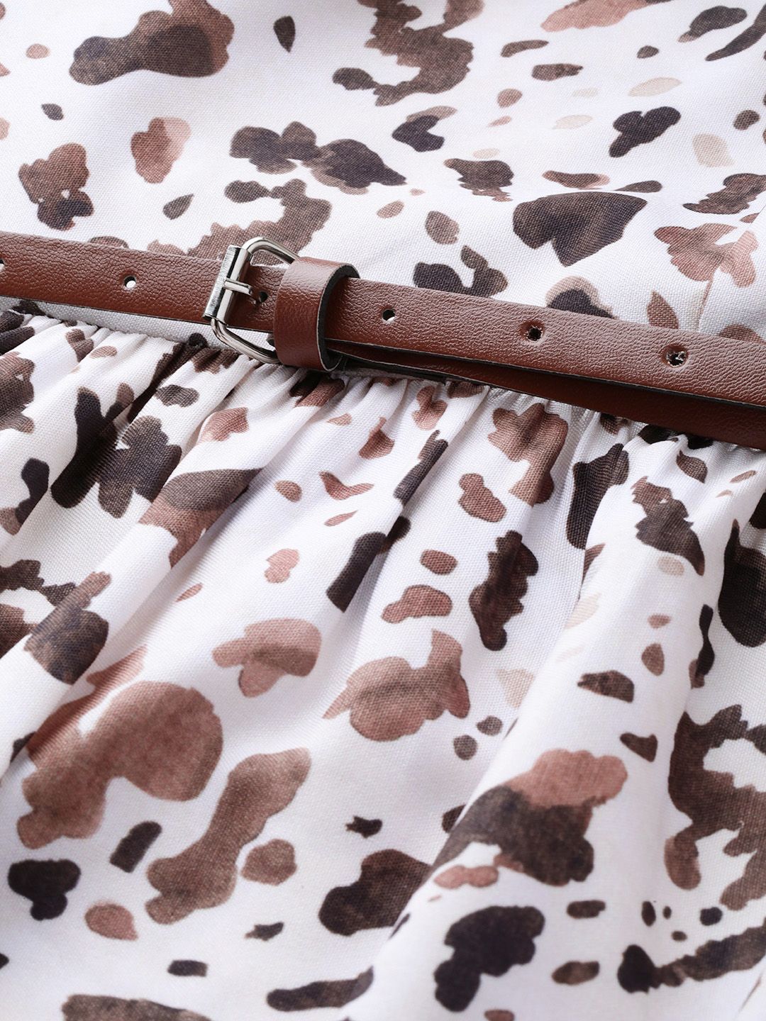 SASSAFRAS Off-White & Brown Leopard Printed A-Line Dress With Belt