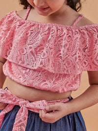 pspeaches Girls Self Design Off-Shoulder Blousan Top with Skirt