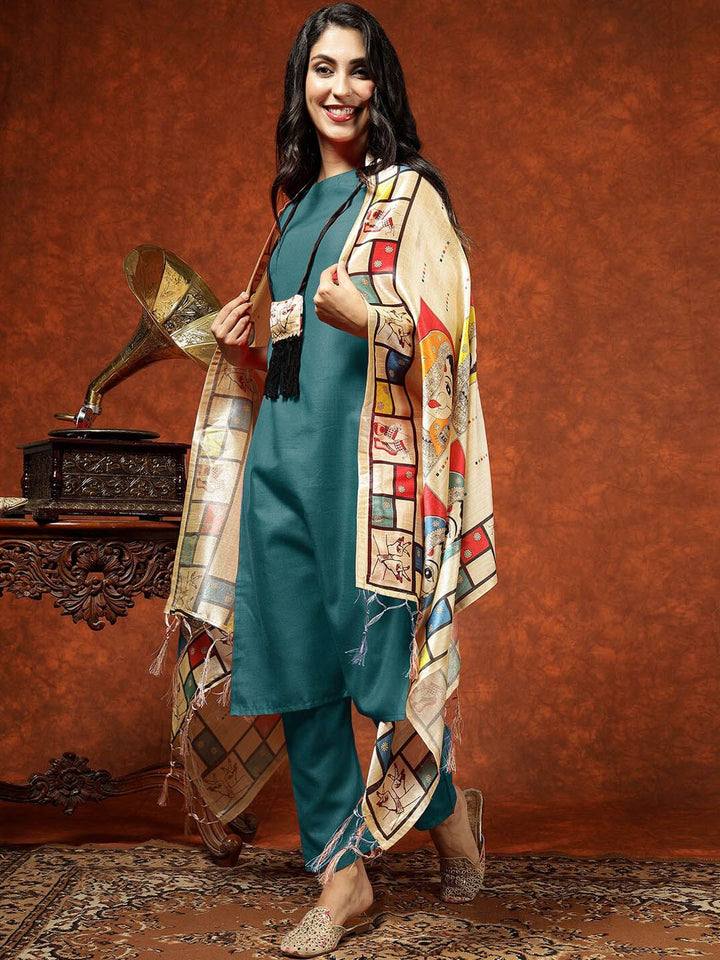 KALINI Ethnic Motifs Printed Sleeveless Straight Kurta & Trousers With Dupatta
