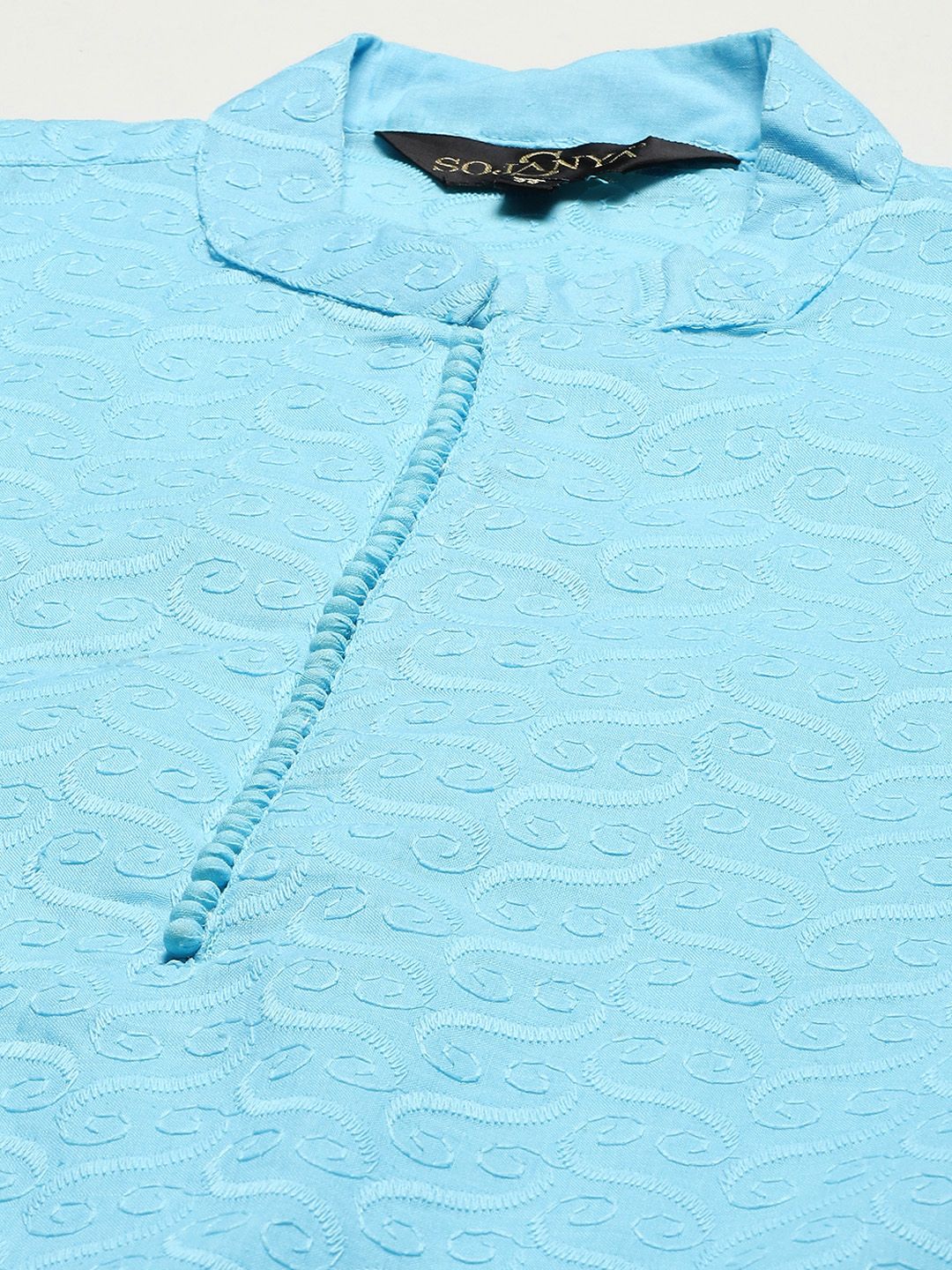 SOJANYA Kurta Kapas Tulen Chikankari Biru Lelaki dengan Jaket Churidar & Nehru