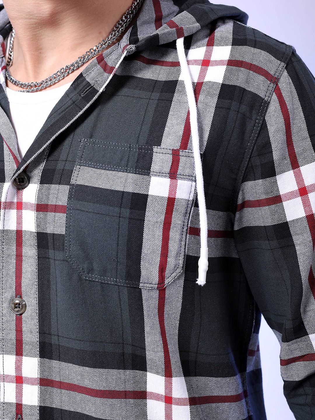 The Indian Garage Co Tartan Checked Hooded Long Sleeves Cotton Shacket