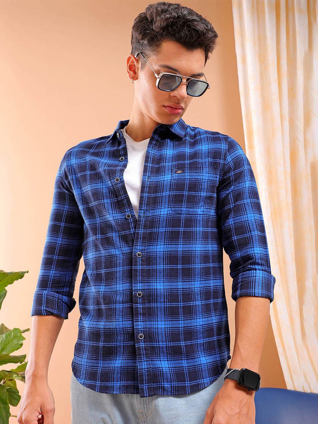The Indian Garage Co Slim Fit Tartan Checked Cutaway Collar Twill Weave Pure Cotton Shirt