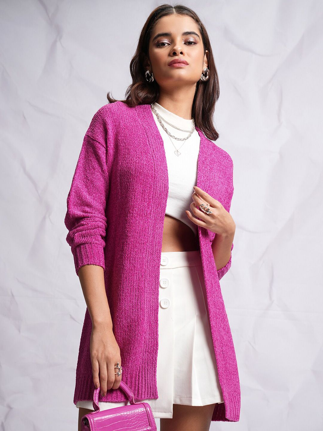 Tokyo Talkies Relaxed Fit Self Design Longline Acrylic Front-Open Sweater