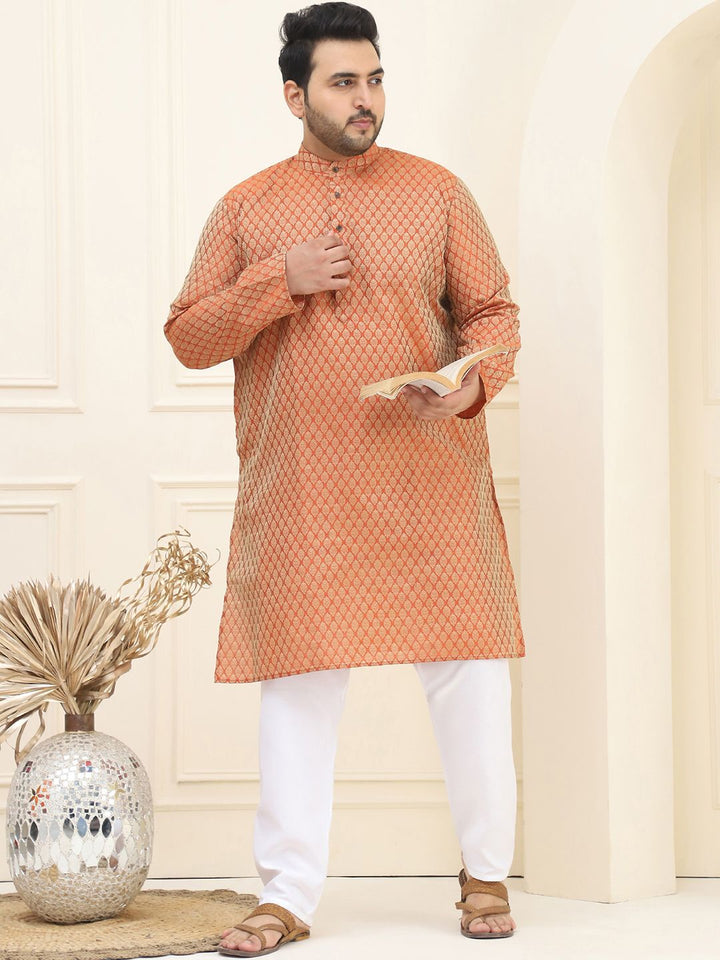 SOJANYA PLUS Lelaki Rust & Golden Jacquard Silk Woven Design Kurta Lurus