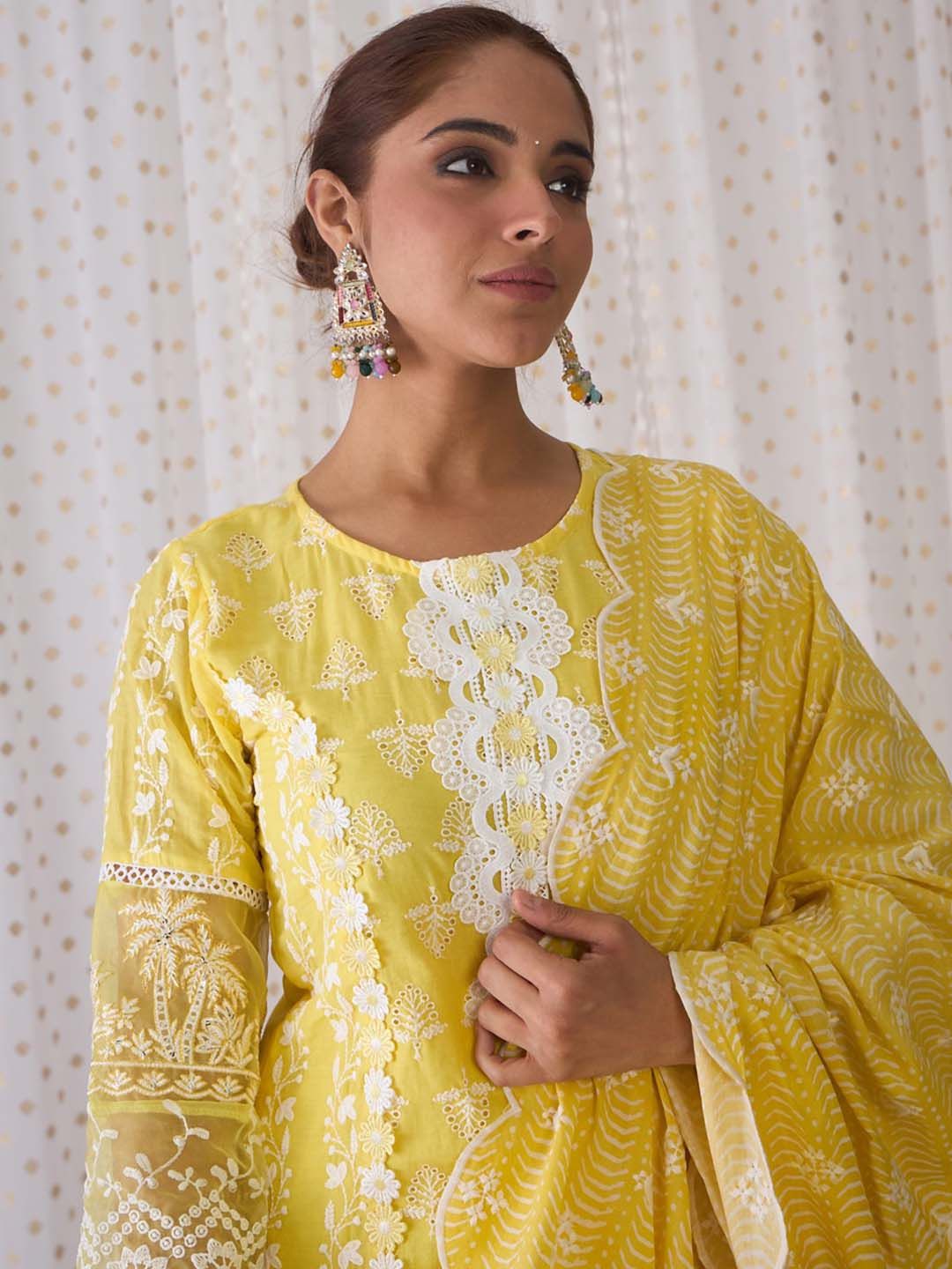 Indo Era Round Neck Floral Embroidered Pure Cotton Straight Kurta with Trouser & Dupatta