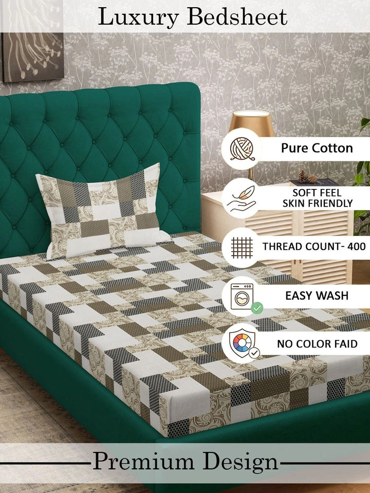 Myntra Elegant Homes Beige & White Geometric 400 TC Cadar Tempat Tidur Single dengan 1 Sarung Bantal