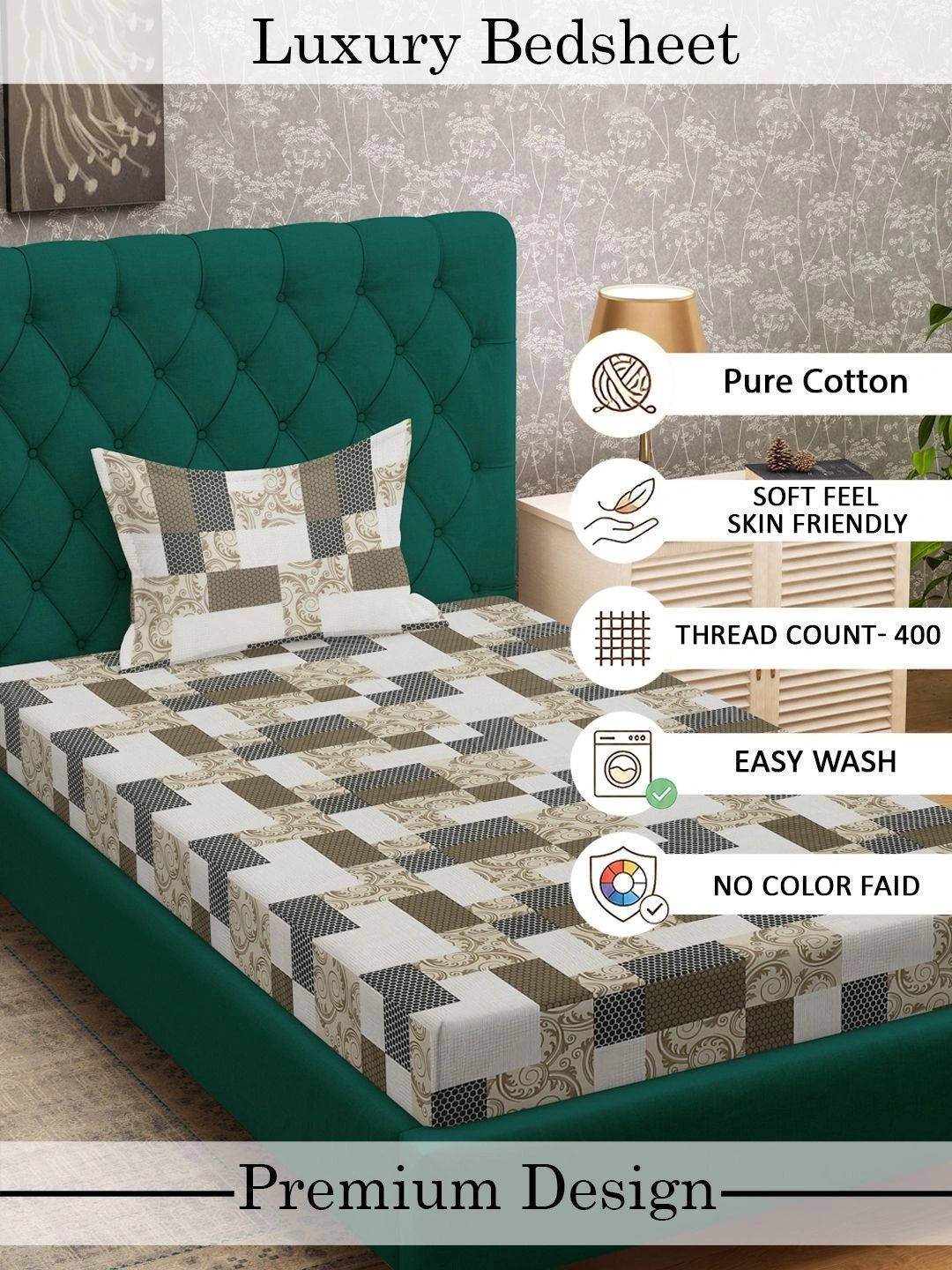 Myntra Elegant Homes Beige & White Geometric 400 TC Cadar Tempat Tidur Single dengan 1 Sarung Bantal