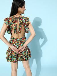 Berrylush Multicoloured Floral Print Backless A-Line Dress