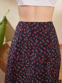 Berrylush Navy Blue & Red Printed Flared A-Line Skirt