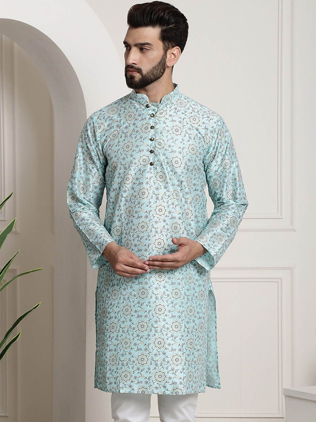 SOJANYA Floral Woven Design Mandarin Collar Silk Cotton Kurta