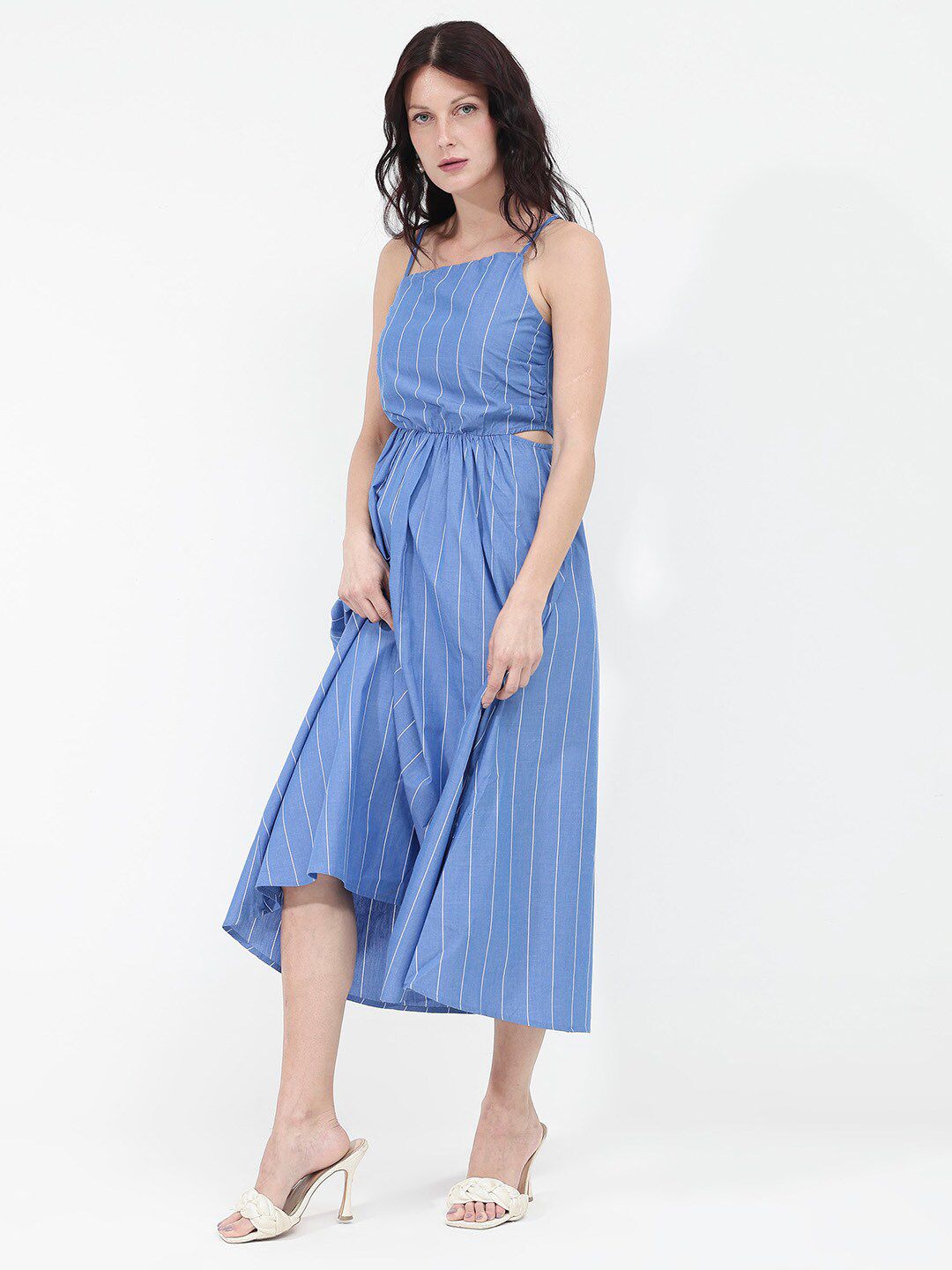 RAREISM Women Cotton Blue Striped Fit & Flare Shoulder Straps Midi Dress