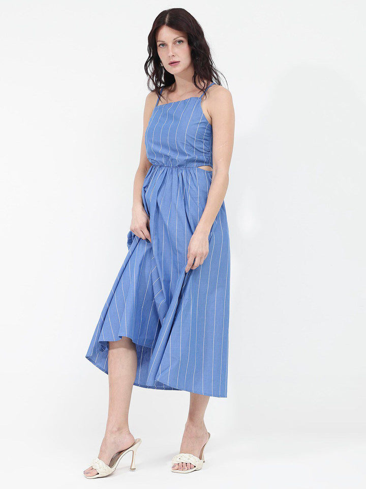 RAREISM Women Cotton Blue Striped Fit & Flare Shoulder Straps Midi Dress