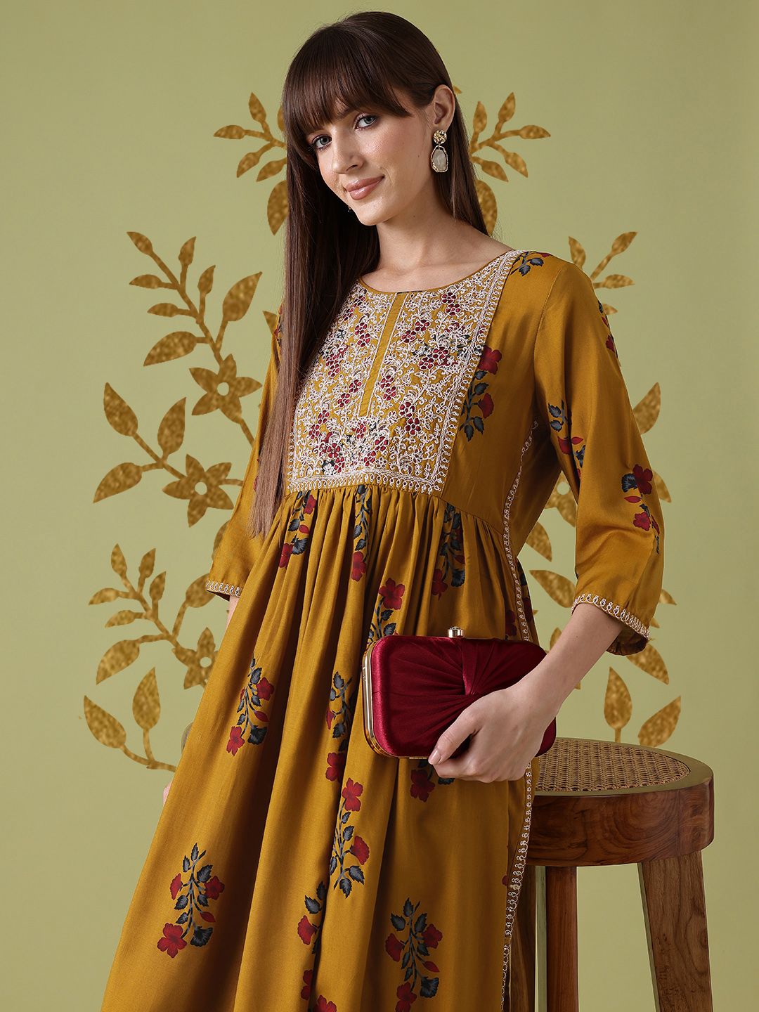 Anouk Floral Print Pleated Thread-Work Kurta with Trousers