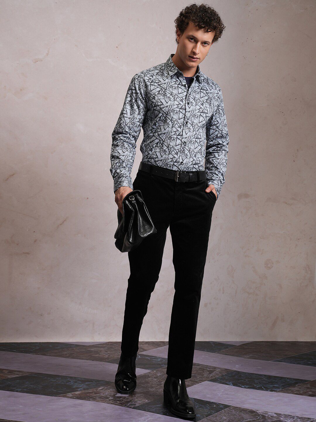 LOCOMOTIVE Luxe Slim Fit Geometric Printed Satin Party Shirt