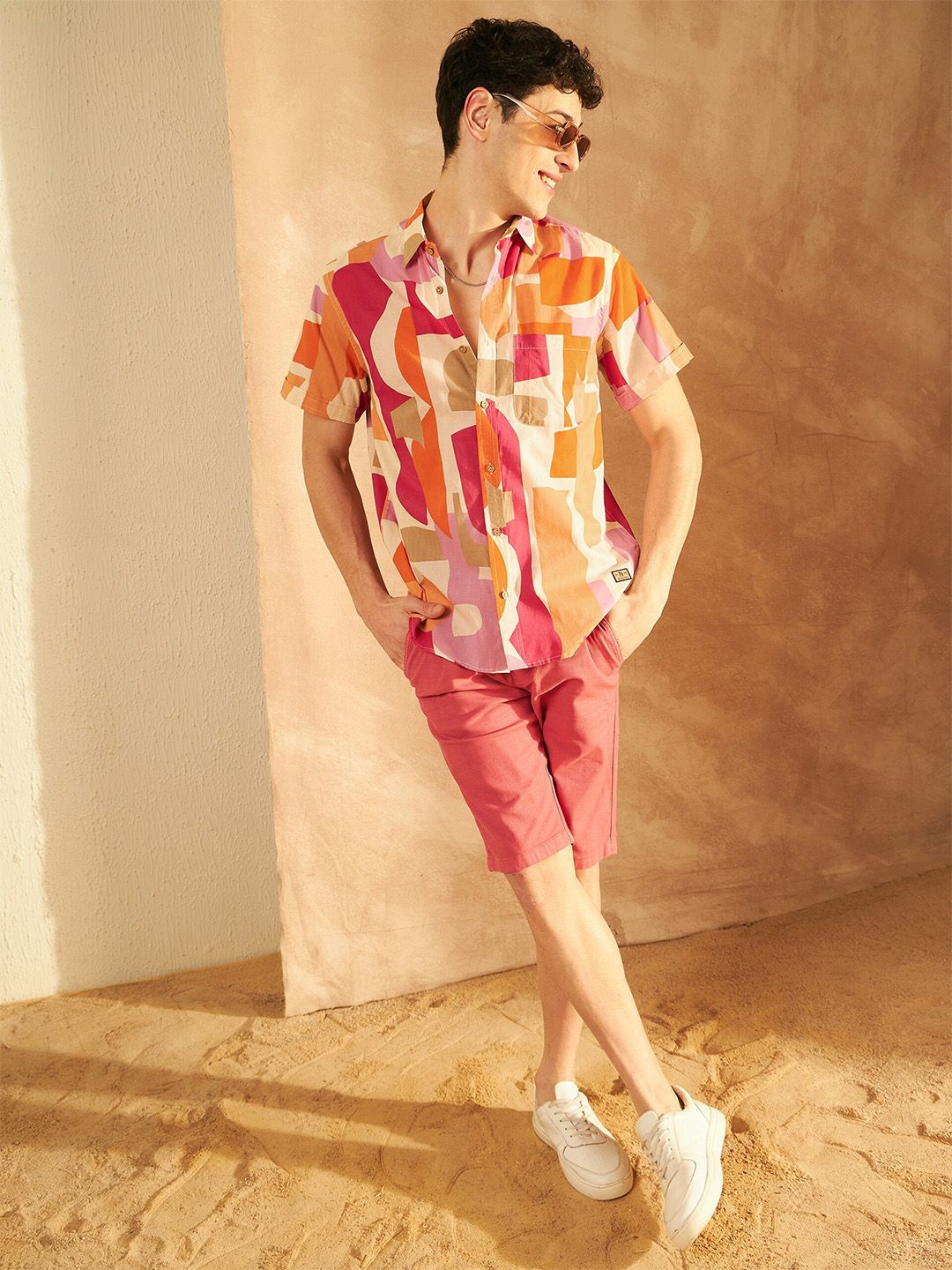 DENNISON Smart Oversized Geometric Printed Spread Collar Cotton Lightweight Shirt