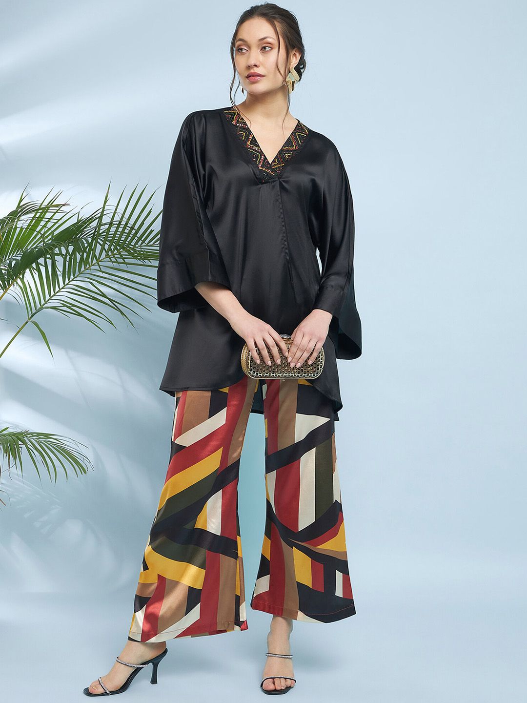 Antheaa Embellished Satin Top With Trousers