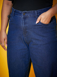 SASSAFRAS Curve Women Navy Blue Comfort Mom Fit Mid-Rise Clean Jeans