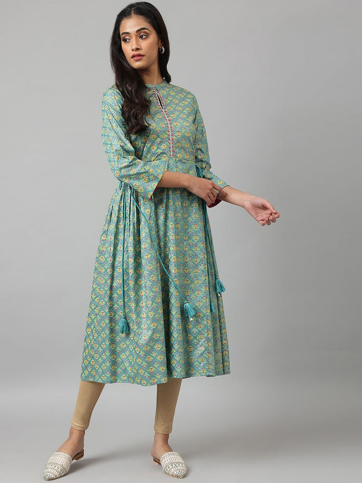 W Women Blue & Yellow Ethnic Motifs Printed Anarkali Kurta