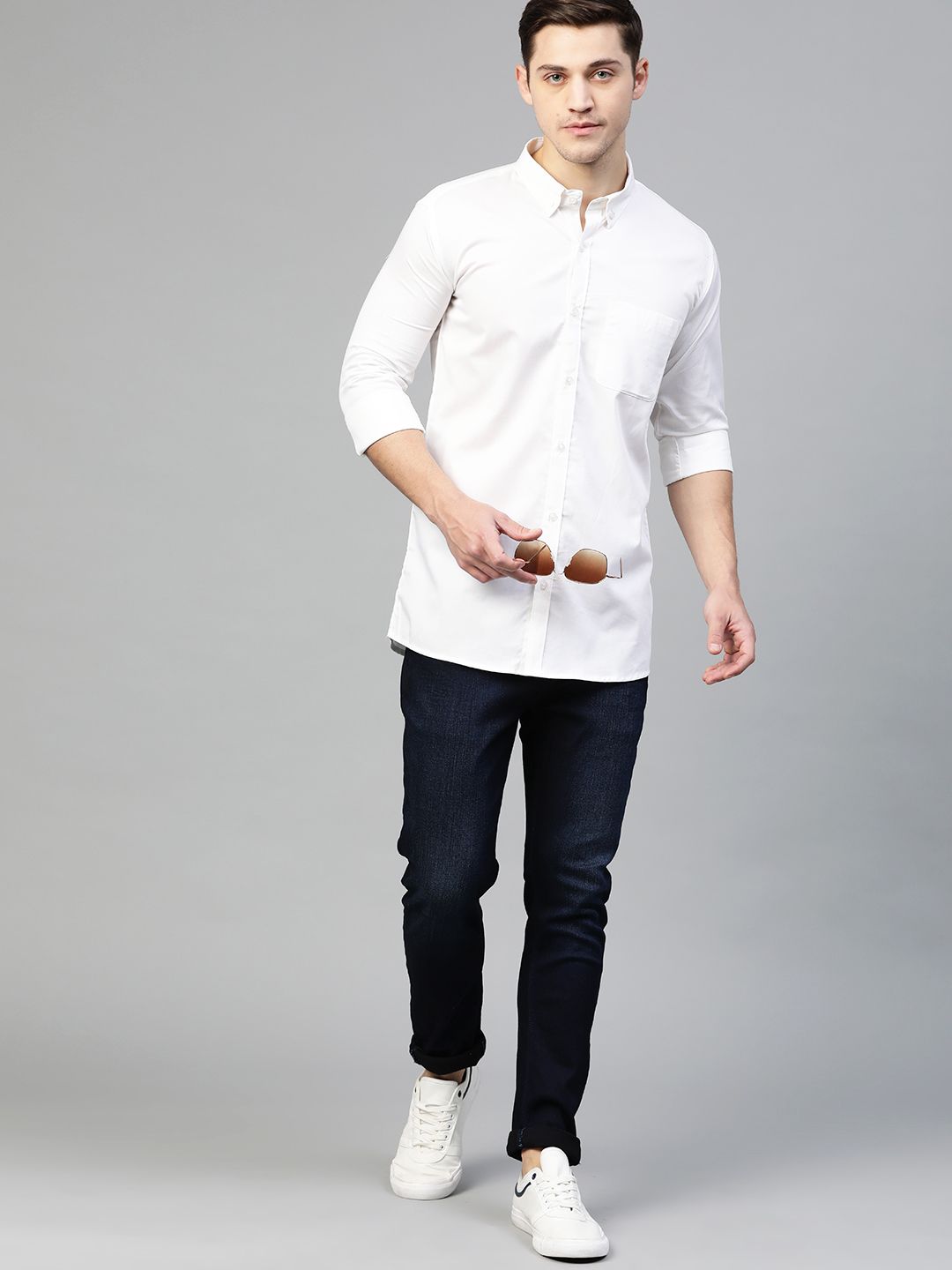 DENNISON Men White Smart Slim Fit Water & Stain Repellent Pure Cotton Solid Casual Shirt