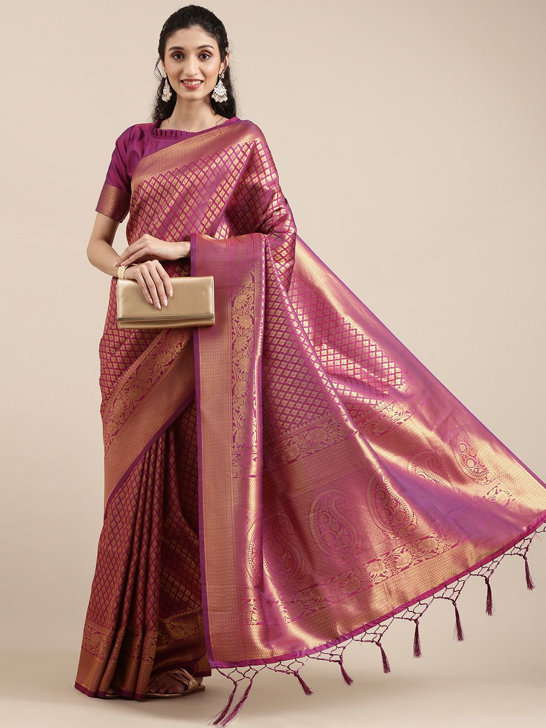 Saree mall Magenta Ethnic Motifs Zari Silk Blend Banarasi Sarees