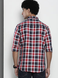 The Indian Garage Co Men Navy Blue & Red Gingham Checked Pure Cotton Casual Shirt