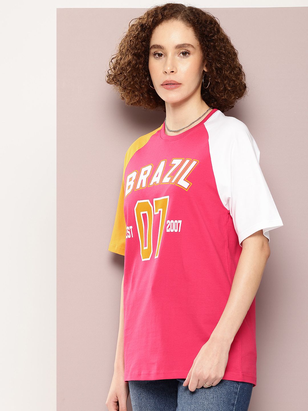 DILLINGER Women Colourblocked Embossed Pure Cotton Oversized T-shirt