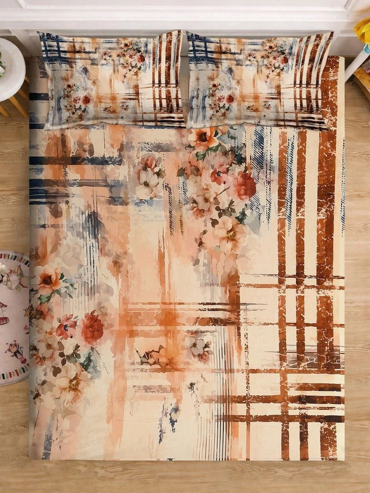 Moda Rapido X KLOTTHE Orange & Brown Floral 400 TC King Bedsheet with 2 Pillow Covers