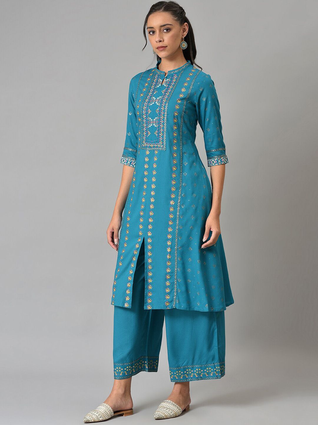 W Women Geometric Printed Panelled Kurta with Palazzos