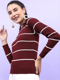 Tokyo Talkies Women Maroon & White Striped Pullover Sweaters