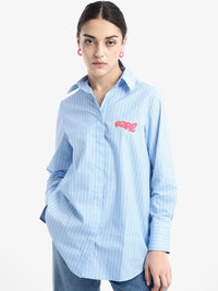 RAREISM Women Vertical Striped Cotton Shirt Collar Longline Top