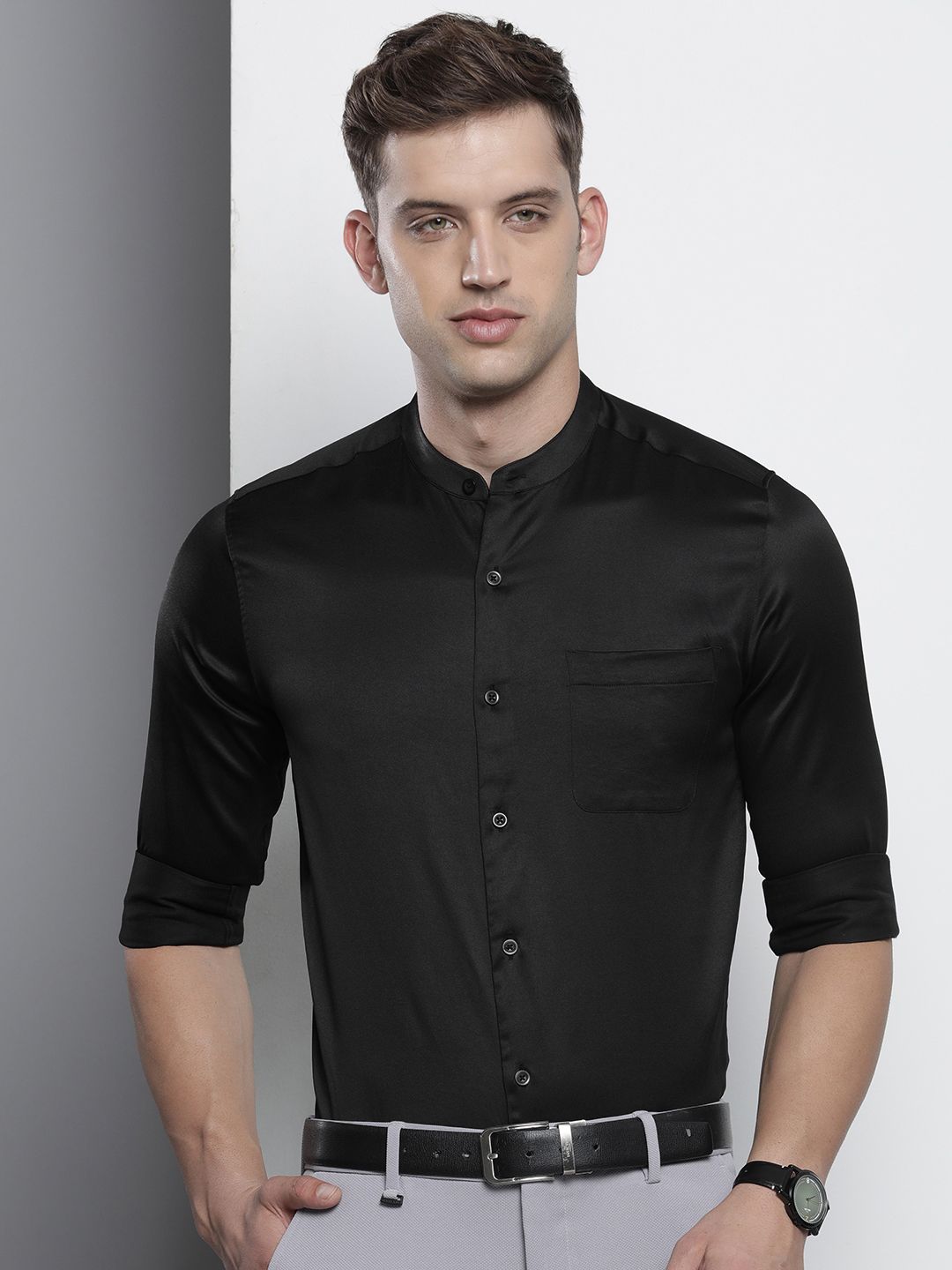 The Indian Garage Co. X Luxe Men Slim Fit Mandarin Collar Formal Shirt