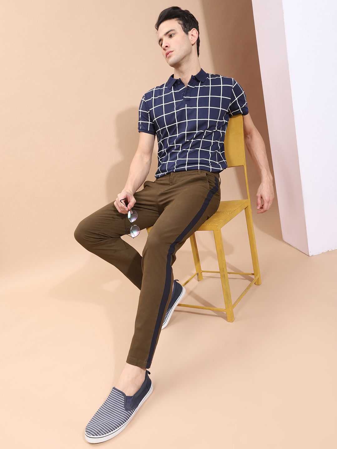 The Indian Garage Co Men Brown Slim Fit Solid Regular Trousers With Side Taping