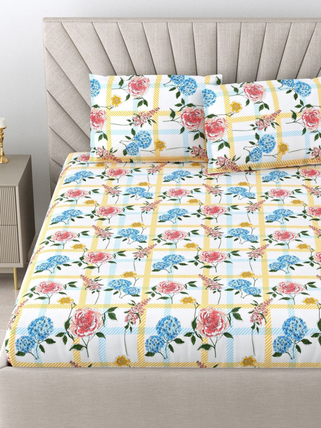 BOMBAY DYEING Florentine White Floral Pure Cotton 144TC Queen Bedsheet Set 2.28 m X 2.54 m